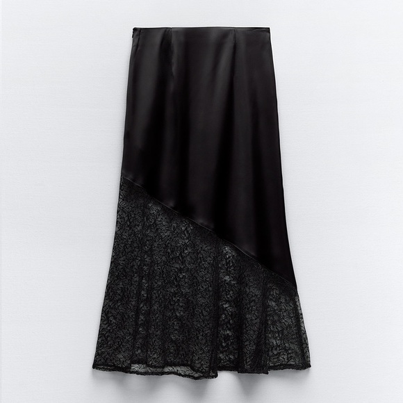 Zara COMBINATION LACE SATIN EFFECT MIDI SKIRT. Black. Size S. New with Tags. - Picture 7 of 7